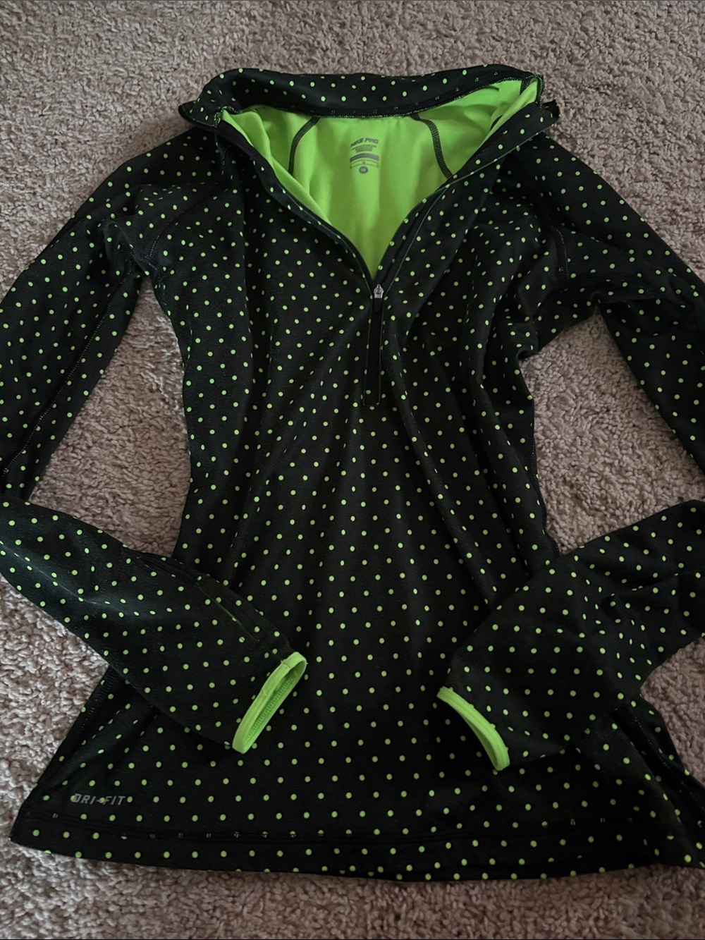 Nike Black and Neon Green Polka Dot Quarter-Zip Athletic Top